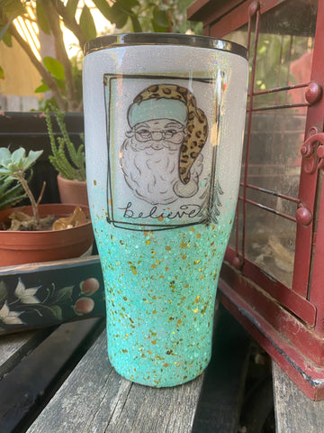 Santa tumbler teal and gold - Its  Show Thyme